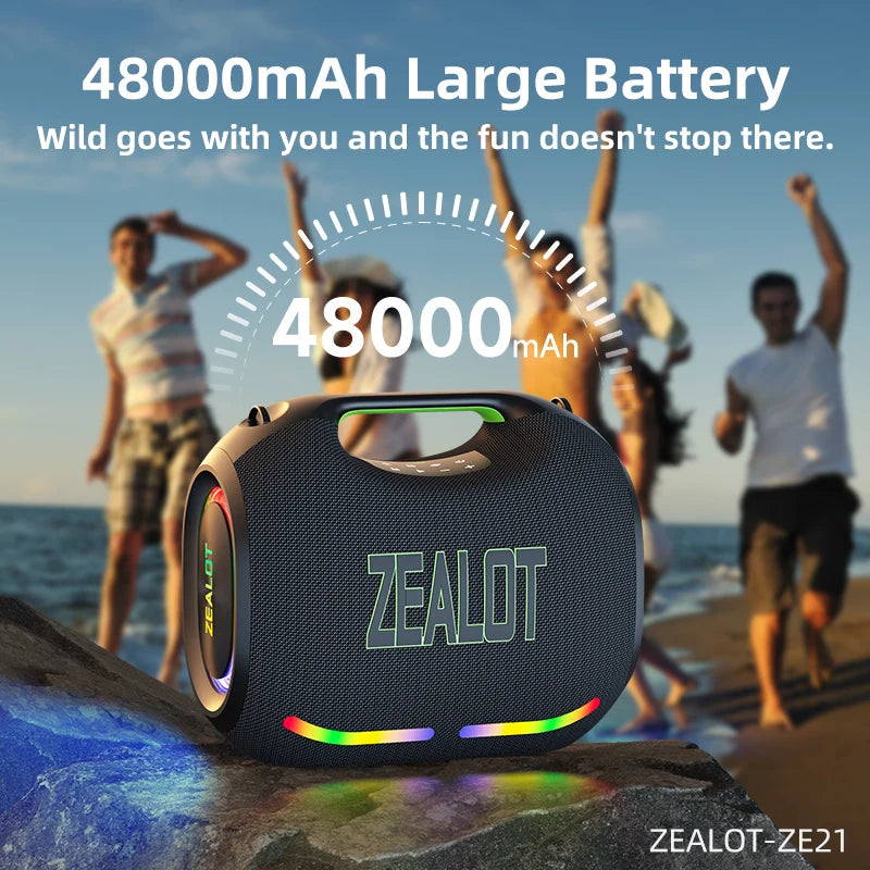 ZEALOT-ZE21 250W Portable Bluetooth Speaker High Volume Waterproof 48000mAh Wireless TWS Subwoofer Suporrt USB/TF/AUX RGB light