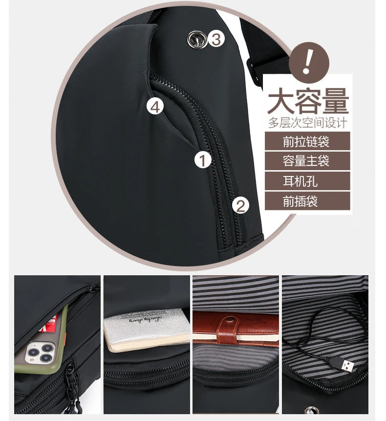 Men Bag Fashion New Solid Color Men Chest Bag Outdoor Casual Fashion One Shoulder Crossbody Bag Nylon USB Charging Shoulder Bags
