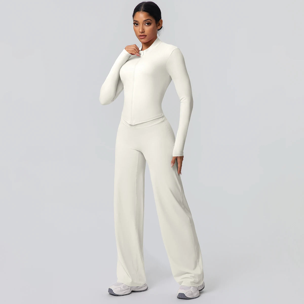 2pieces Quick Drying Sports Fitness Clothing Yoga Set Women Yoga Zipper Long Dleeves High Waisted Breathable Wide Leg Pants Set