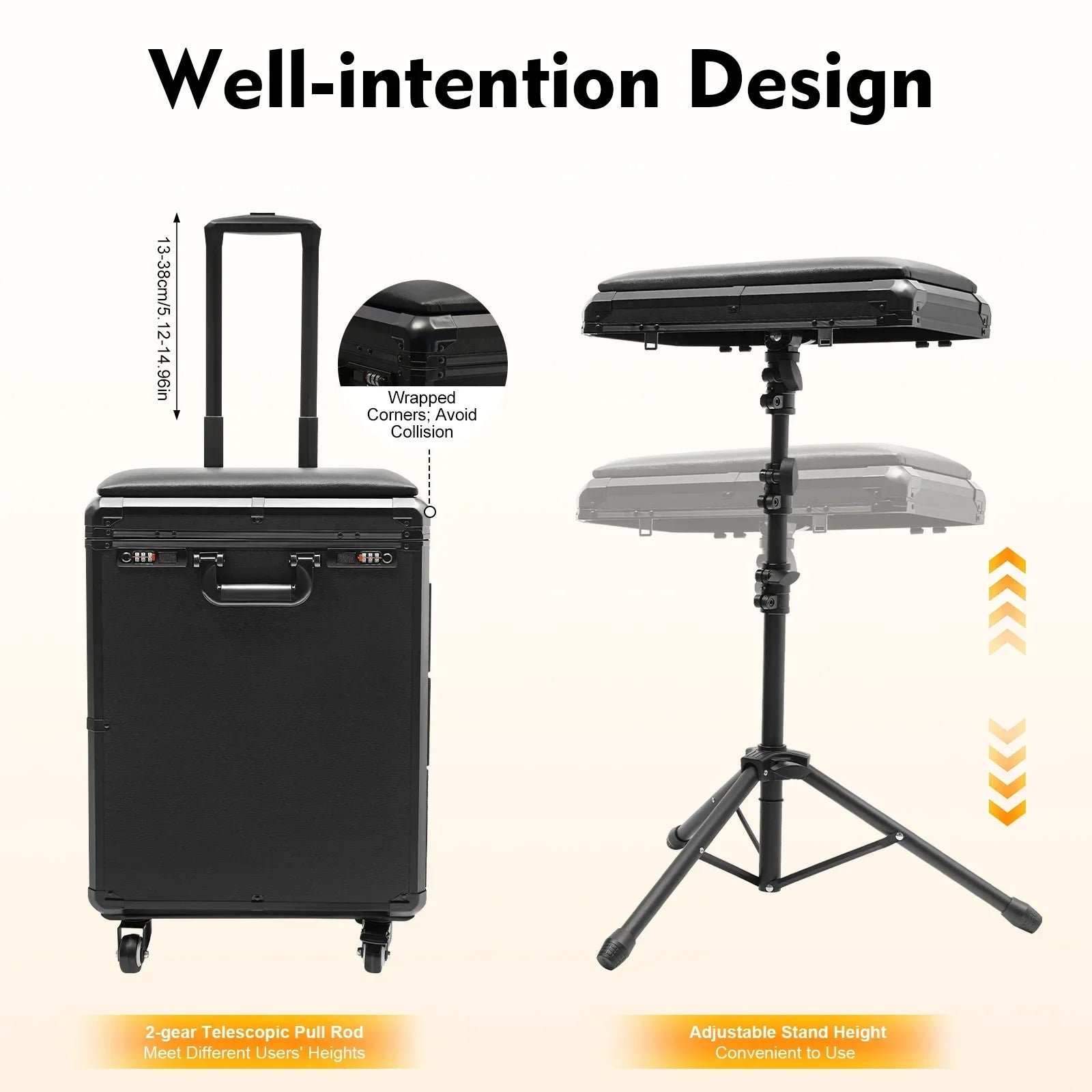 Rolling Makeup Train Case w/Tattoo Armrest Stand,Beauty Trolley Case with 3 Drawers, 4 Universal Wheels, and Combination Lock