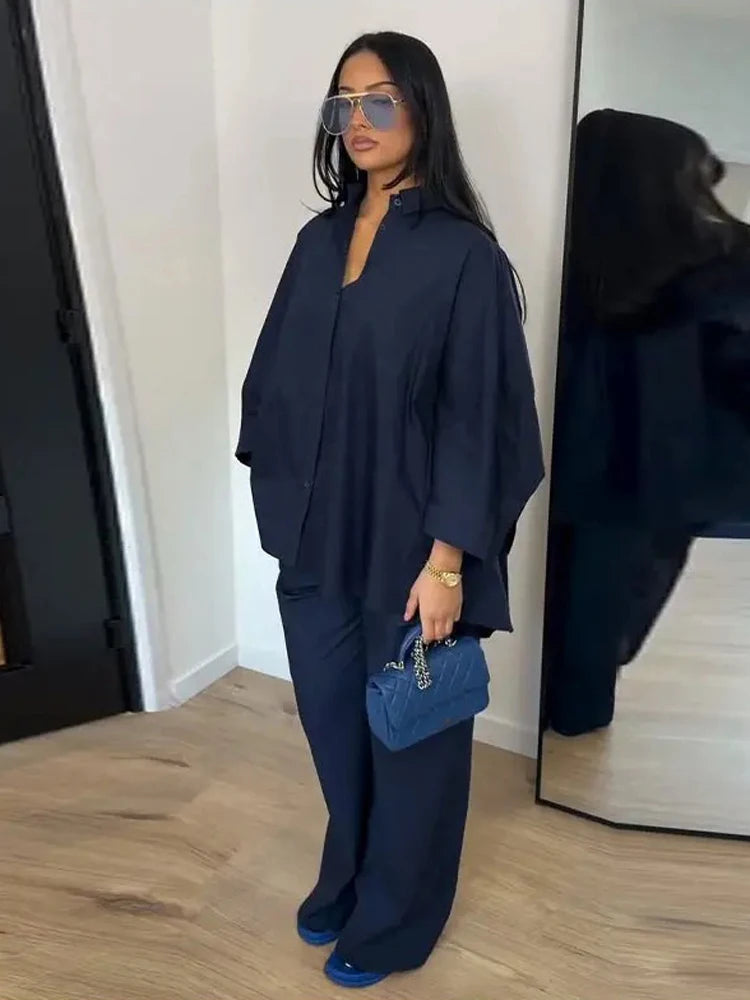 Women Solid Lapel Full Sleeves Pant Suits Chic Single Breasted Wide-leg Long Pants Sets 2026 Lady  Casual Daily Loose Fit Outfit