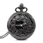 1pc Black Retro Hollow Gear Carved Quartz Pocket Watch Necklace Pendant Clock Chain Men Women Memorial Gift