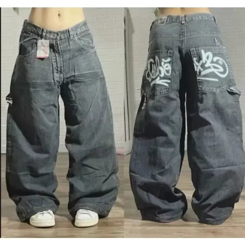 Y2K Black Washed Embroidered High-waisted Oversized Jeans Men European and American Retro Classic Loose Wide-leg Straight Pants