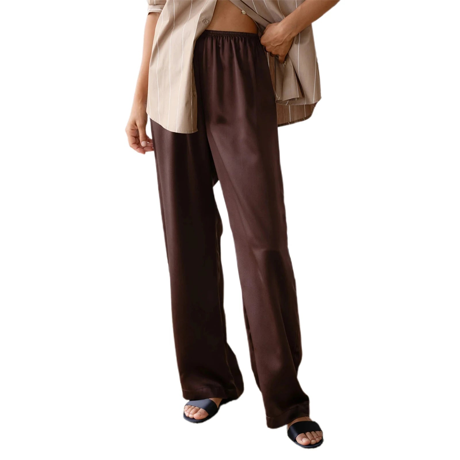 Chic Satin Wide Leg Dress Pants Women's Stylish Elastic Waist Loose Fit Long Trousers for Streetwear Work Solid Color