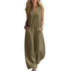 Jumpsuits women 2026 rompers Double-pocket casual linen cotton sleeveless long jumpsuits women's clothing