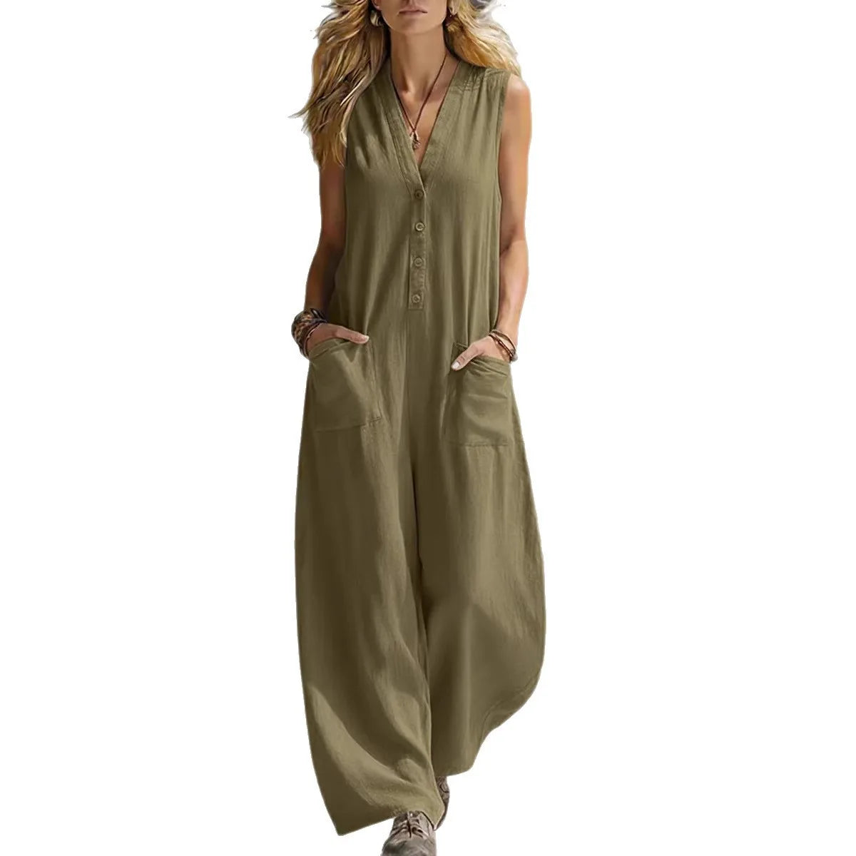 Jumpsuits women 2026 rompers Double-pocket casual linen cotton sleeveless long jumpsuits women's clothing