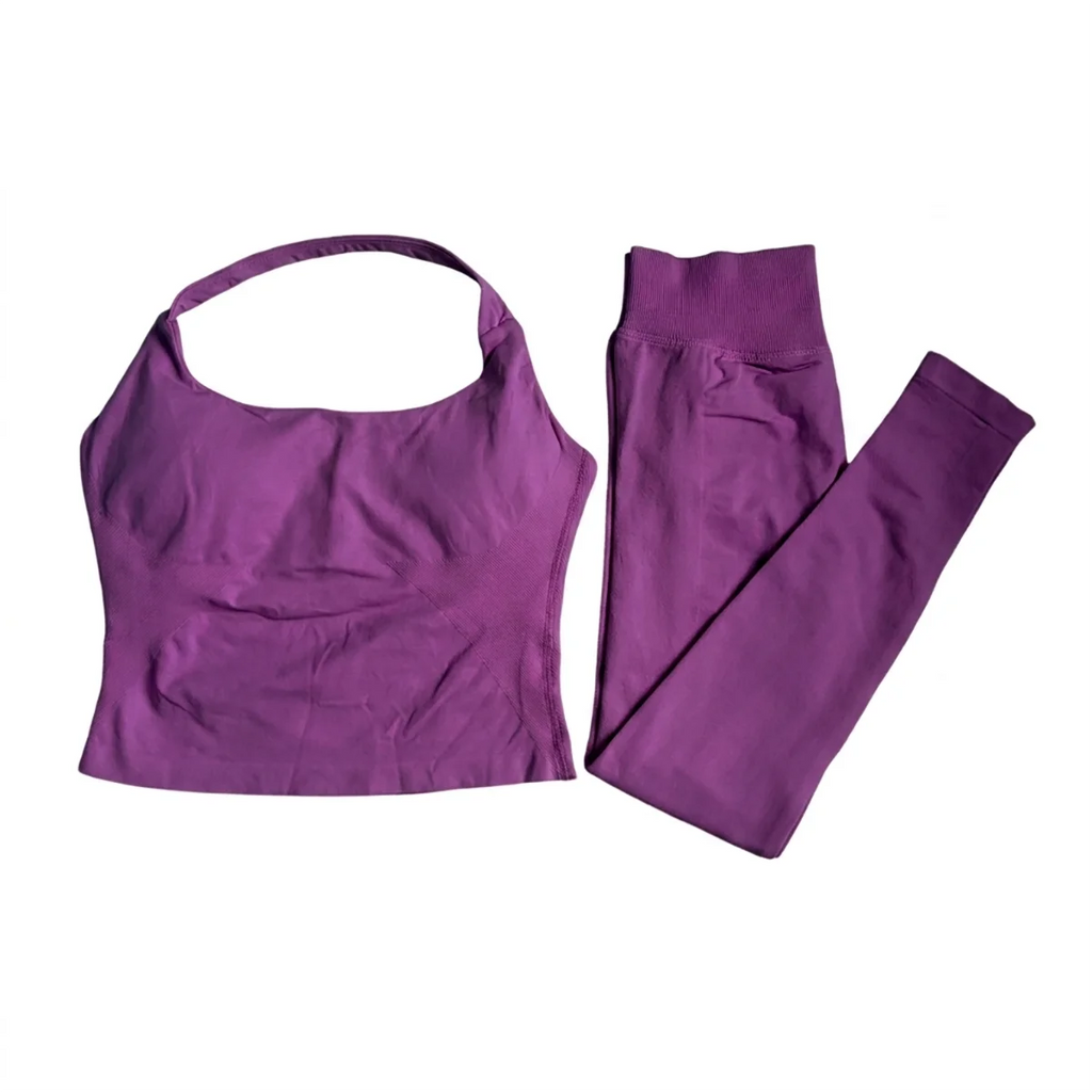 Halter Top Leggings 2-Piece Set Seamless Halterneck Backless Yoga Top+Scrunch Booty Leggings Fitness Gym 2pcs Set