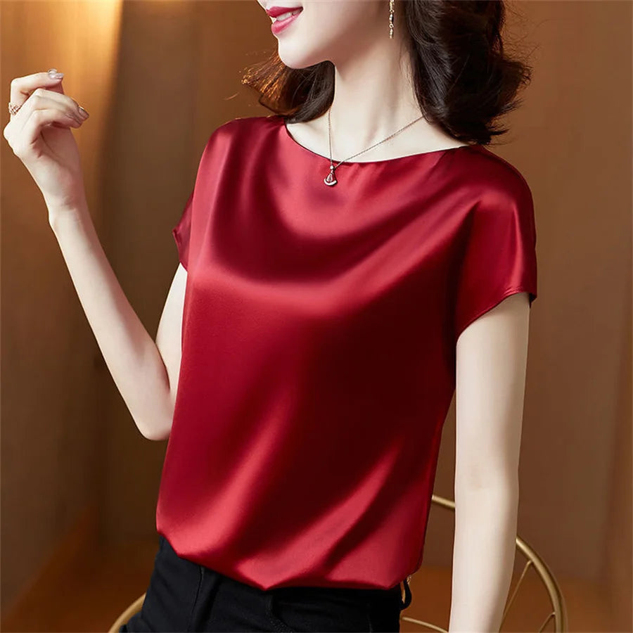 Office Lady Tops Summer Short Sleeve O-Neck Blouses Satin Blouse Women Shirts Simple Solid Casual Loose Shirt Blusas DF4904 Secondary image