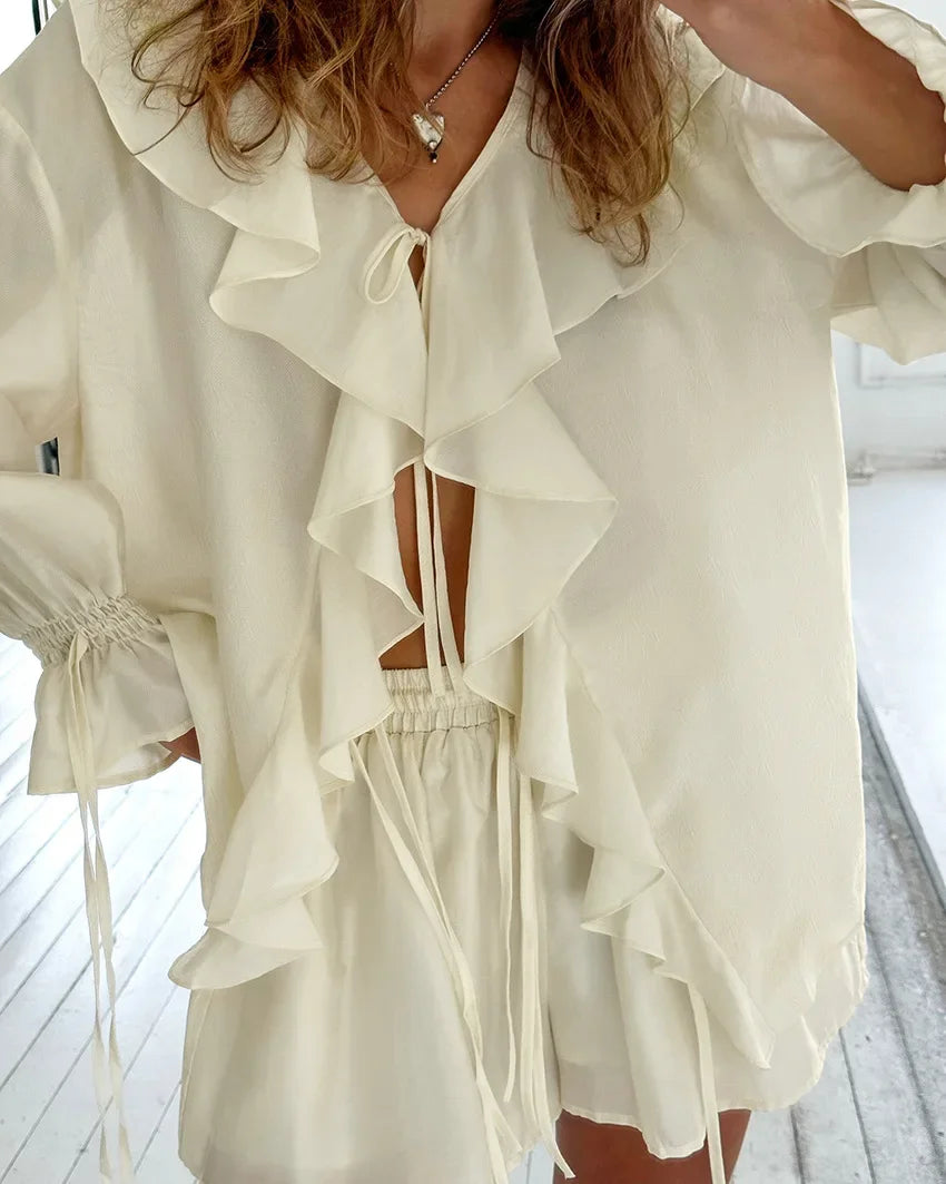 Casual Shorts Two-piece Set For Women Ruffled Loose Tie Top Simple Shorts Set OL Office Lady Summer Female Shorts Suit