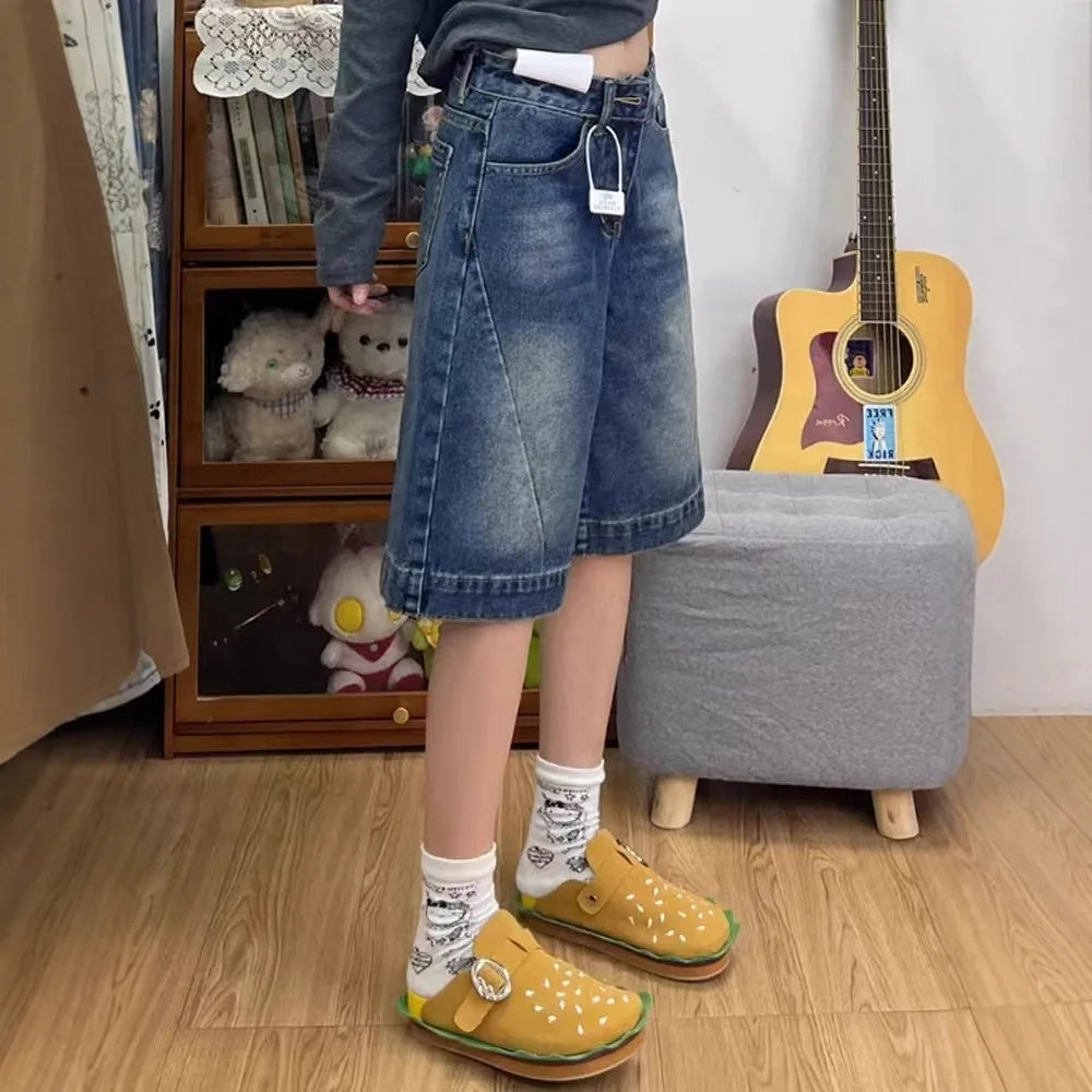 Spicy Girl Retro American Five-Point Denim Shorts Women Summer New Loose Design Slim Straight Leg Wide Leg Medium Pants