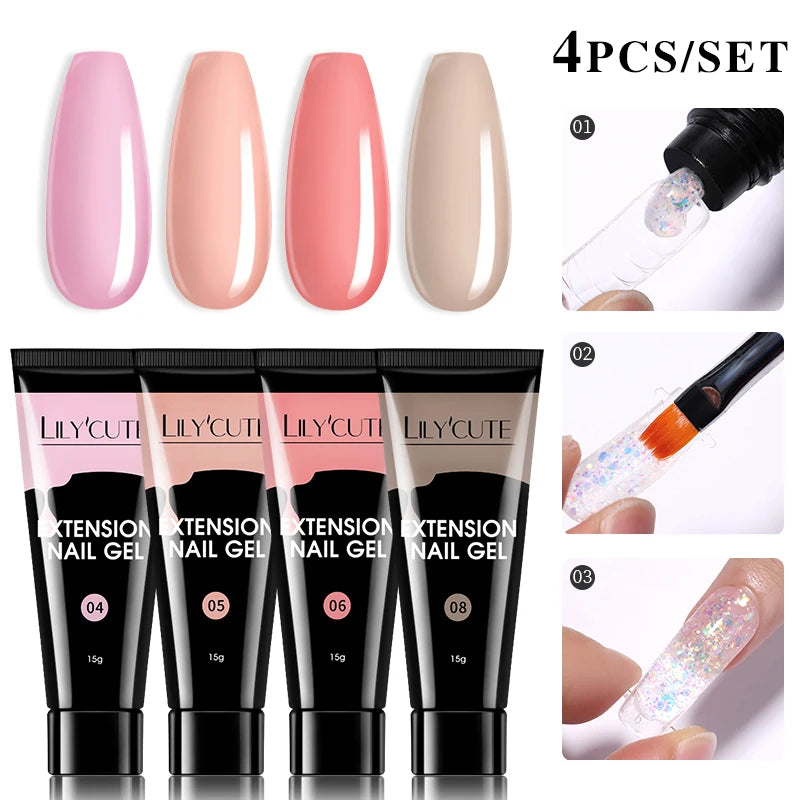 LILYCUTE 15ml Extension Gel Nail Polish Set Quick Nail Prolong With Extend Mold Nail Tips Acrylic Solution Manicure Tools Kit