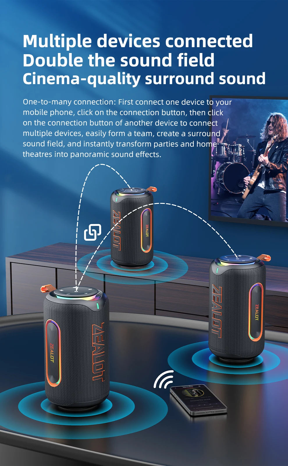 ZEALOT_MP1 Portable Bluetooth Speaker 60W StormBox Blast Outdoor Wireless Speaker IPX6 Waterproof Party Camping Speaker 12H ZEAL