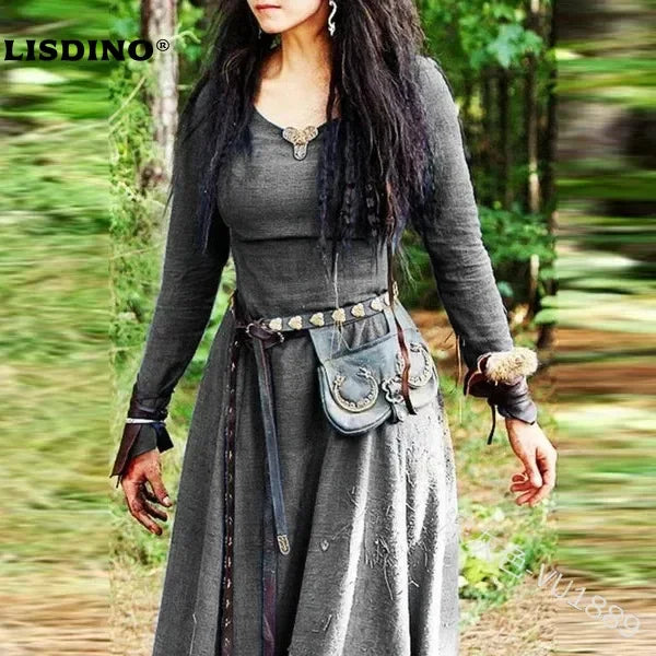 LisdinoMedieval Dress Women Long Sleeve Maxi Robe Vintage Fairy Elven Dress Renaissance Celtic Viking Gothic Cosplay Costumes