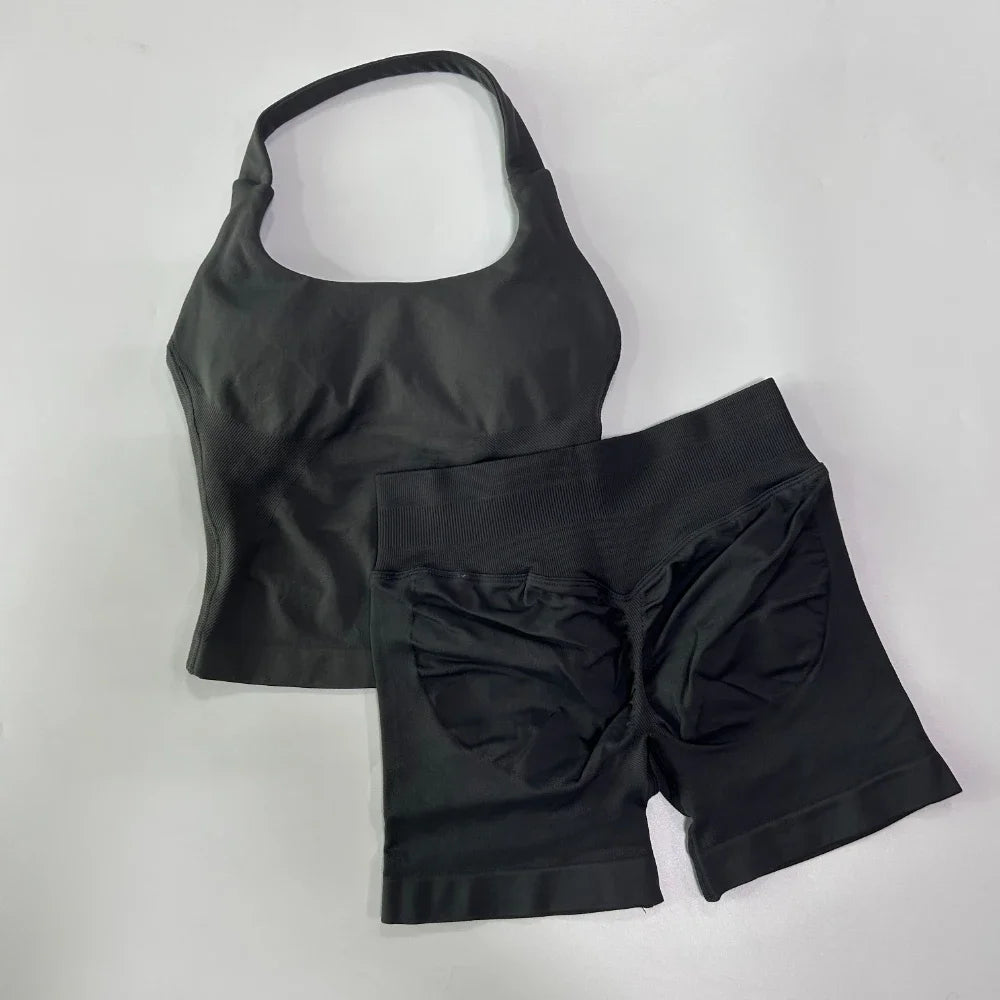 No Logo 2 Pieces Sports Set Women Backless Tank Tops High Waist Scrunch Seamless Shorts Gym Set Sportswear Workout Set Yoga