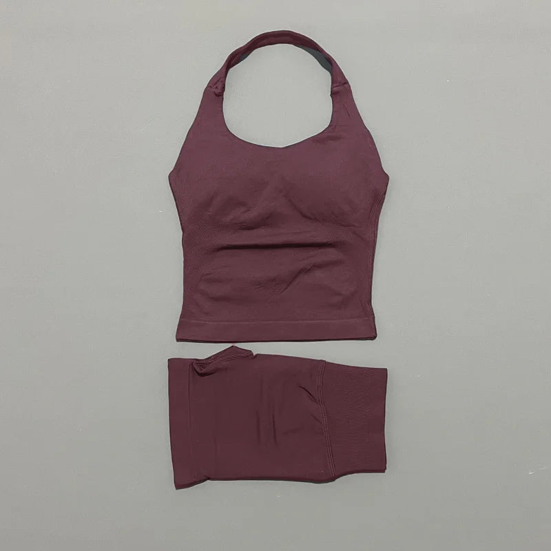 2pcs Sports Set Women Backless Tank Tops High Waist Scrunch Seamless Shorts Fitness Clothes Activewear Workout Sets Gym Suit