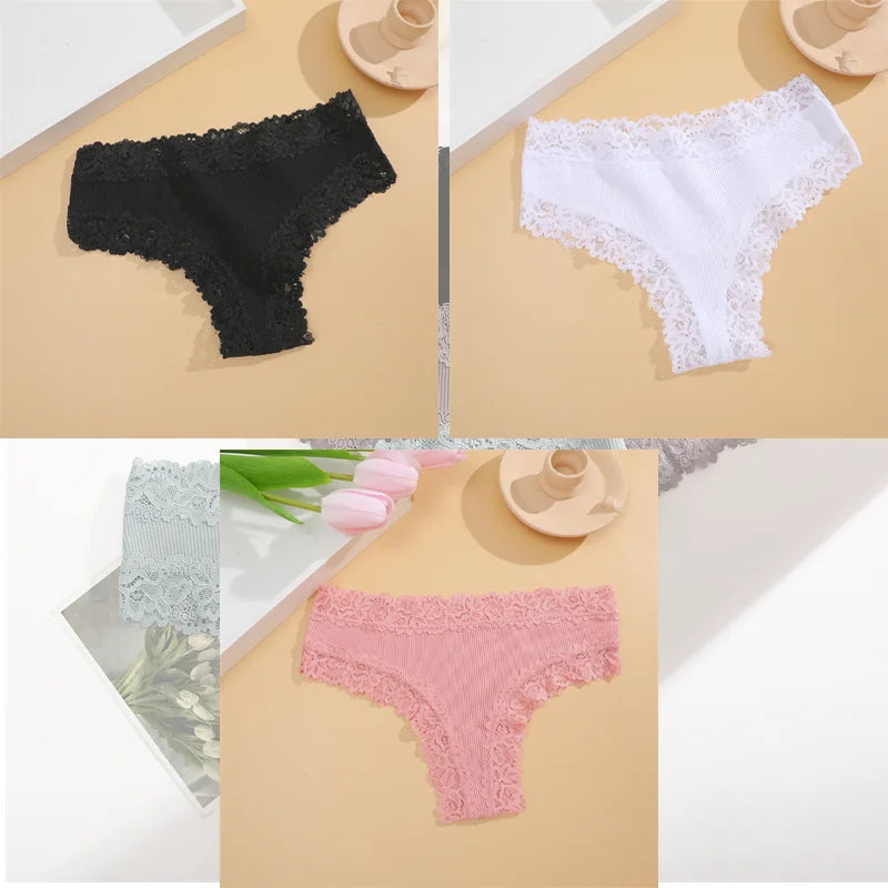 FINETOO 3Pcs Women Cotton Underwear Panties Sexy Lace Brazilian Briefs Low Waist Floral Solid Color G-string Breathable Lingerie