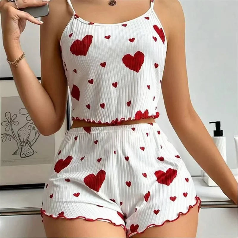 5 Size Choose S M L XL 2XL Women's Pajamas Set Straps Sleepwear Vest + Shorts Red Heart Print Nightwear Sexy Lingerie Main image