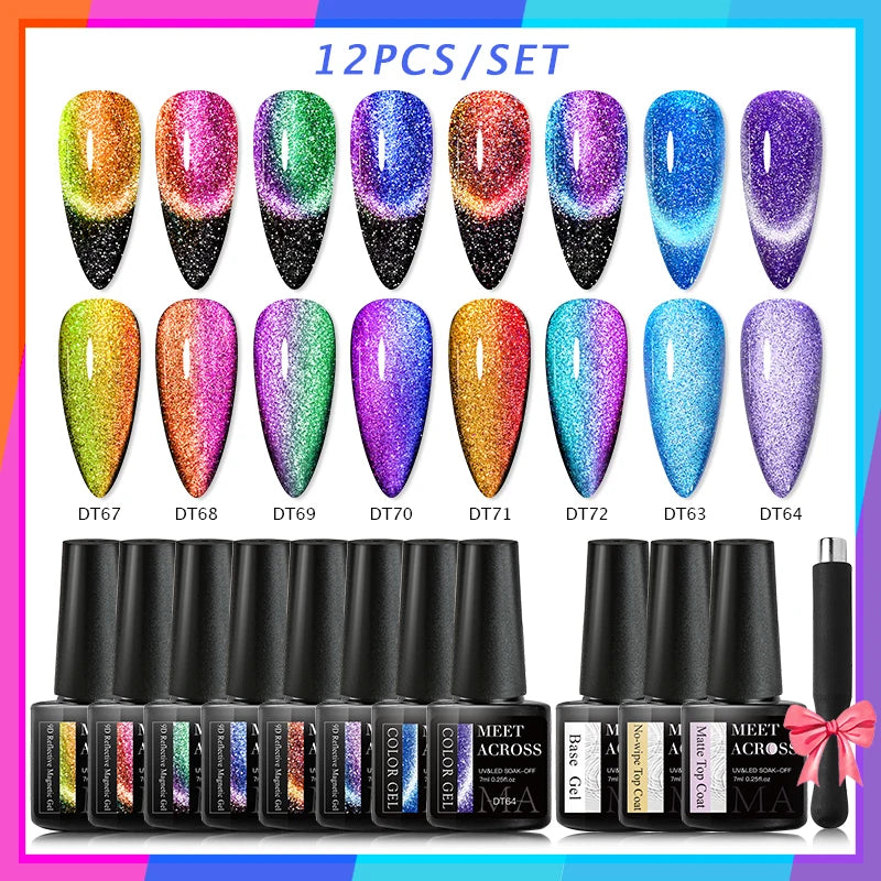 10/12PCS/SET Cat Magnetic Gel Nail Polish Set 9D Reflective Glitter Gel Semi Permanent UV Gel Soak Off Sparkling Nail Art Kits