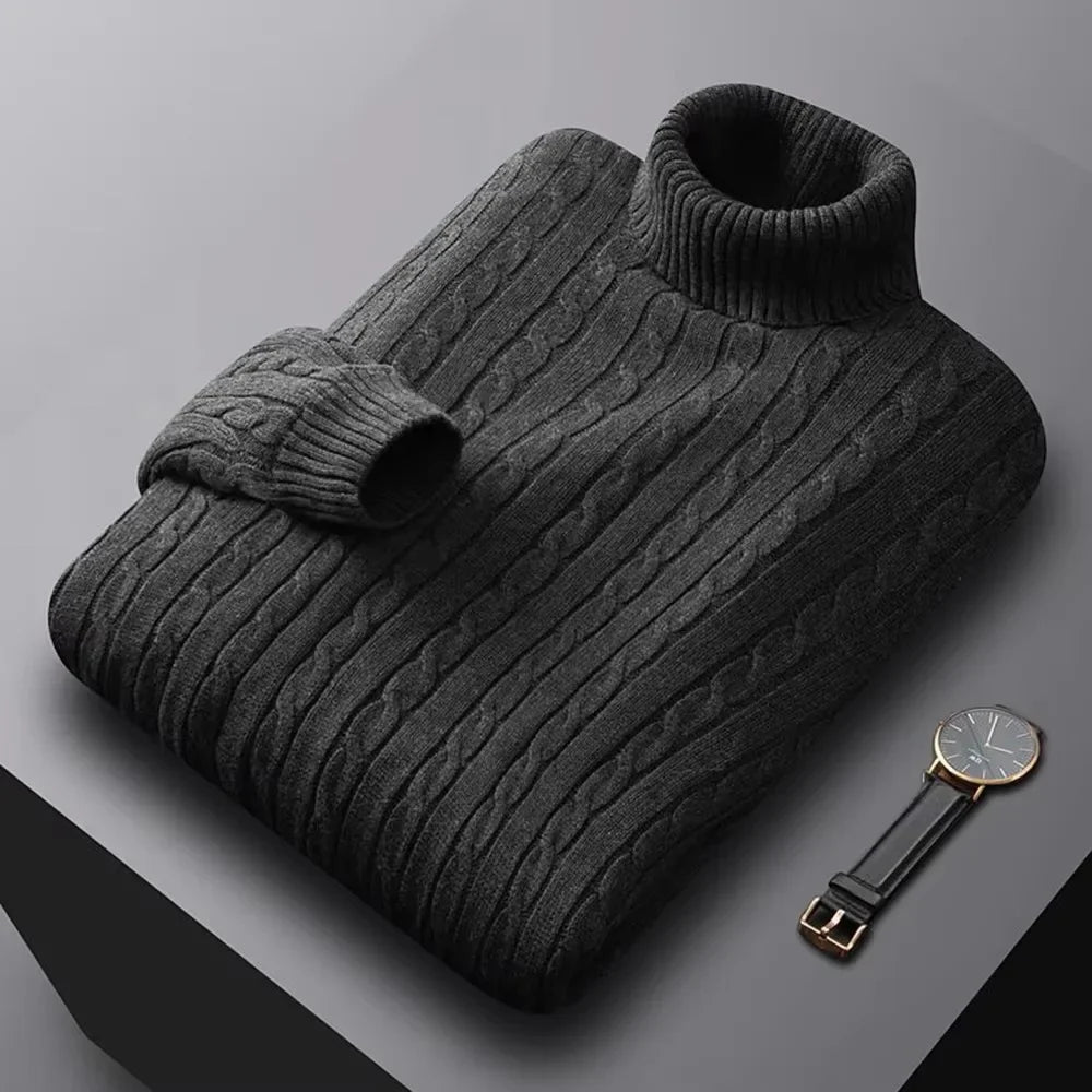 Autumn New Men's Turtleneck Jacquard Sweater Solid Color Knitted Pullover Casual Warmth High Elastic Versatile Male Sweatwear