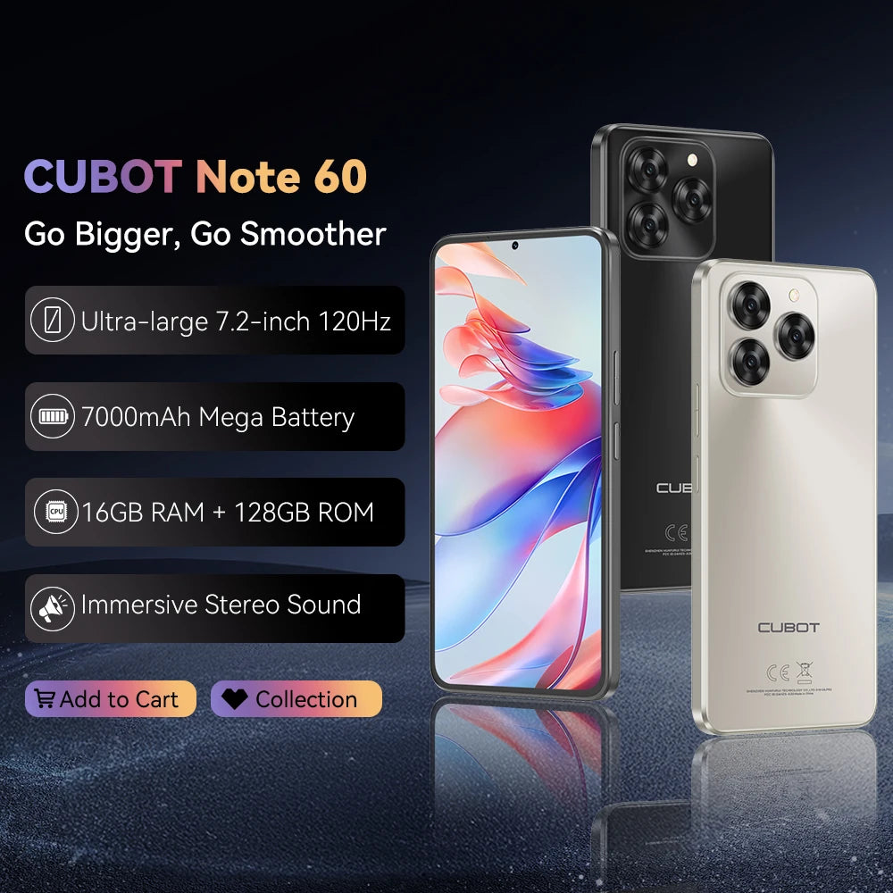 Cubot Note 60 Smartphone, Android 15, 7.2-inch 120Hz Display, Octa-core,16GB(6+10GB )RAM 128GB ROM, 48MP Camera, 7000mAh Battery Main image