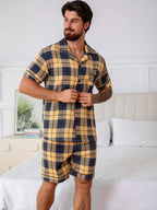 Men's Short-sleeved Pajamas Set - 2 Piece Set Plaid Casual Summer Loungewear with Pocket V-neck Light and Thin Men's Pajamas Pjs