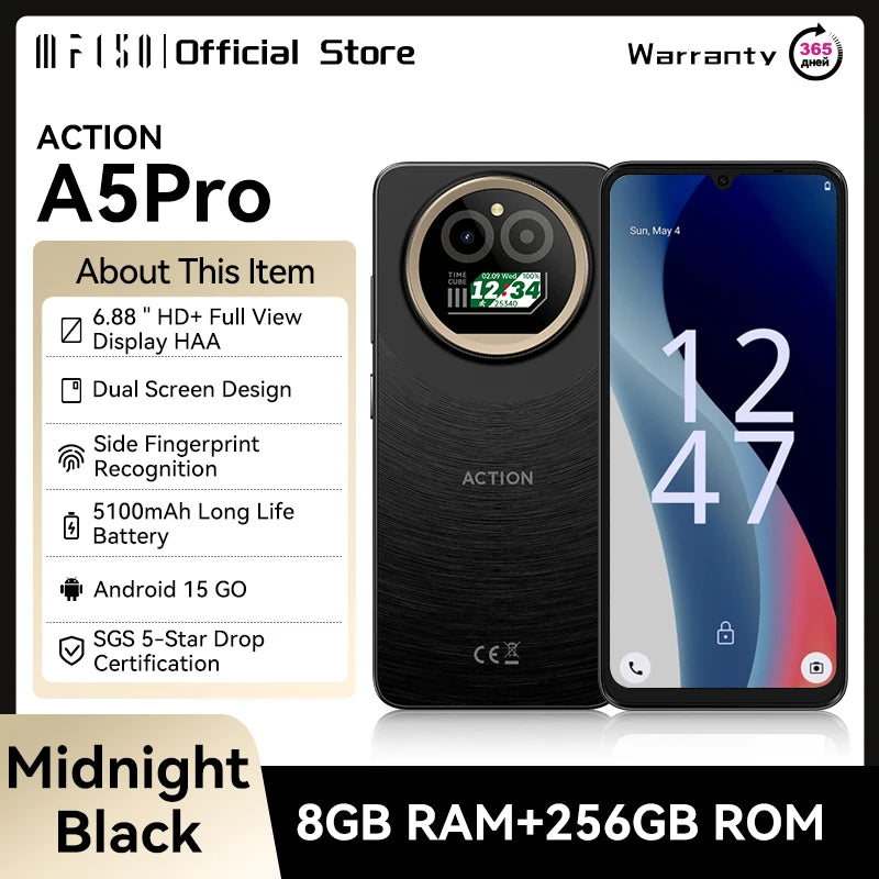 IIIF150 Action A5Pro Phone Android 15 Go Smartphone 12GB RAM 256GB ROM 6.8inch HD+ HAA Display Dual Screen Design 5100mAh Batter