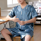 Pajamas Men Ice Silk Thin Short-Sleeved Two-Piece Suit Korean Version of the Loose Large Size Men Home Clothing with Letters
