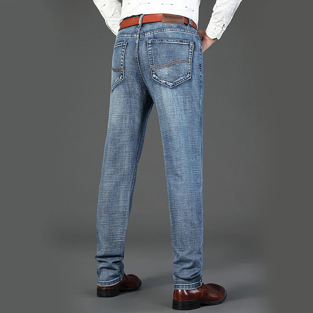 Wthinlee Business Men Jeans Casual Straight Stretch Fashion Classic Blue Black Work Denim Trousers Spring Summer Brand Clothing