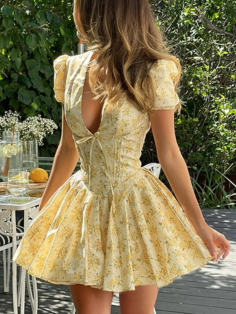 Vintage Floral Print Yellow Pleated Mini Dress Women Summer Puff Sleeve V Neck Party Beach Dresses Elegant Chic Y2K Vestidos Image secondaire du produit