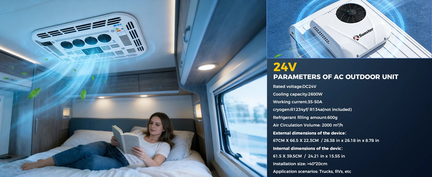 RV Rooftop Parking Air Conditioner 12V/24V DC Electric Cooling Low Noise & 4m³ High Efficiency For Vans, Campers, Motorhomes