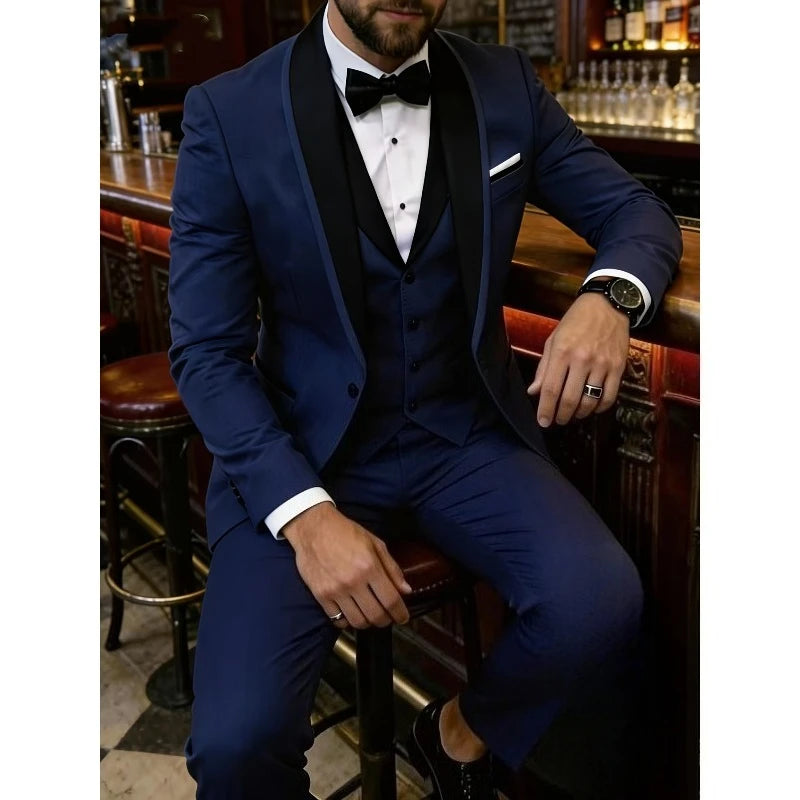 Men'S Blue Fruit Collar Three-Piece Formal Suit Set Shoulder-attached Collar Formal Wedding And Ball Suit Set