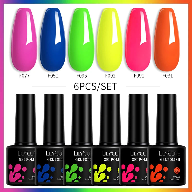 LILYCUTE 7ML 6PCS Neon Gel Nail Polish Set fluorescent Series Color Changing Semi Permanent Soak Off Manicure kit Nail Art Gel