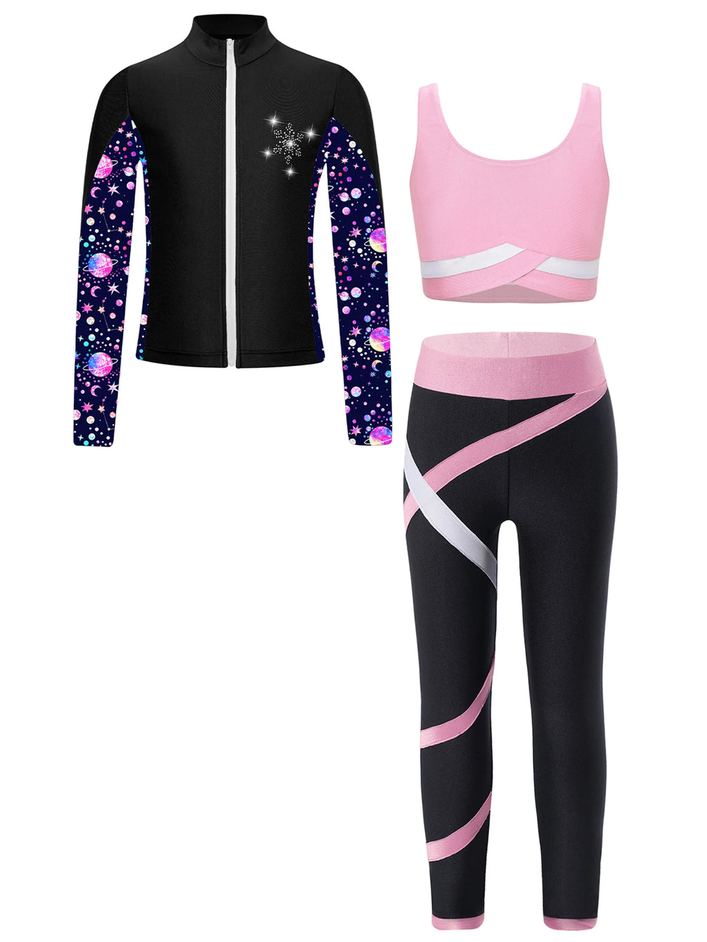 3Pcs Kids Girls Skating Athletic Fitness Workout Tracksuit Sleeveless Vest Top +Pants with Long Sleeve Zipper Sweatshirt Gym Set