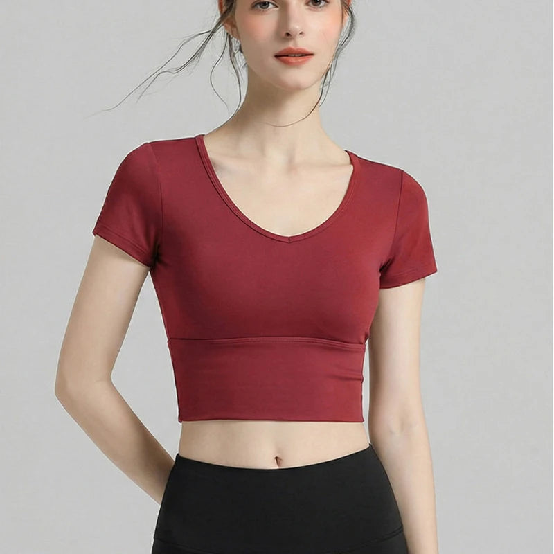 Women's Pilates Training Fitness Chest Cushion Yoga Top Quick Drying Breathable Sports Short Sleeve High-End Feeling Yoga Shirt