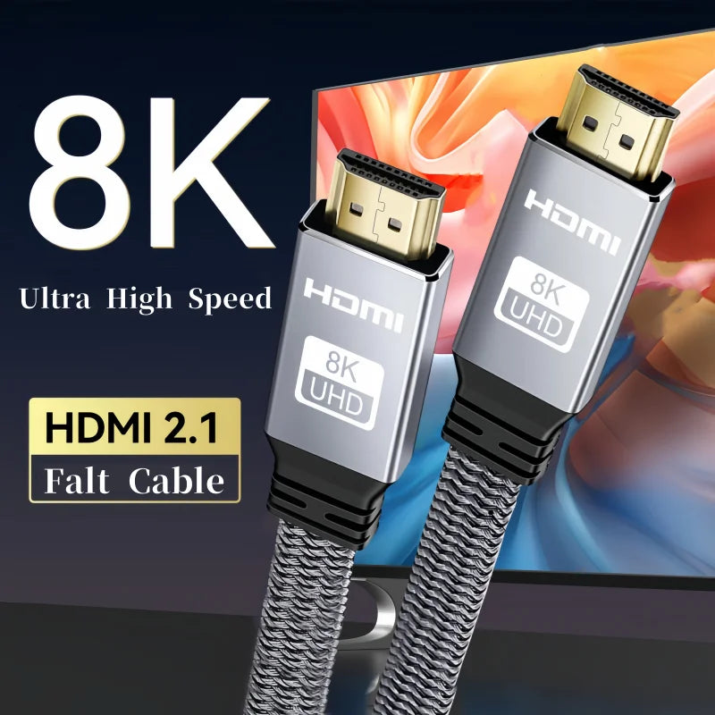 8K HDMI Flat Cable 48Gbps High Speed 8K60 4K120 144Hz Braided HDMI 2.1 Cord 3D eARC HDCP 2.2&2.3 Compatible with Roku TV/PS5 Main image