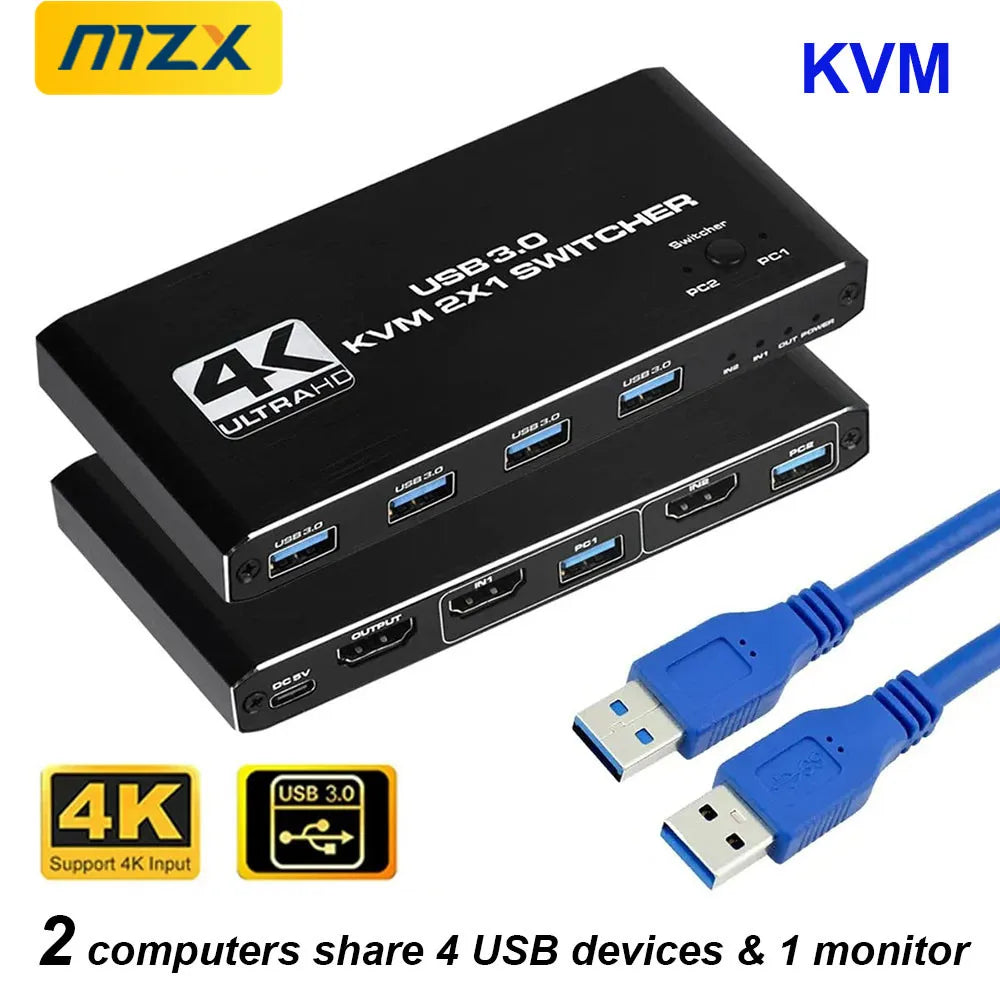 MZX 2-In-1-Out KVM Switch 4K 60Hz HDMI-compatible USB 3.0 Hub Switcher Docking Station Dock Computers PC Share Keyboard Printer
