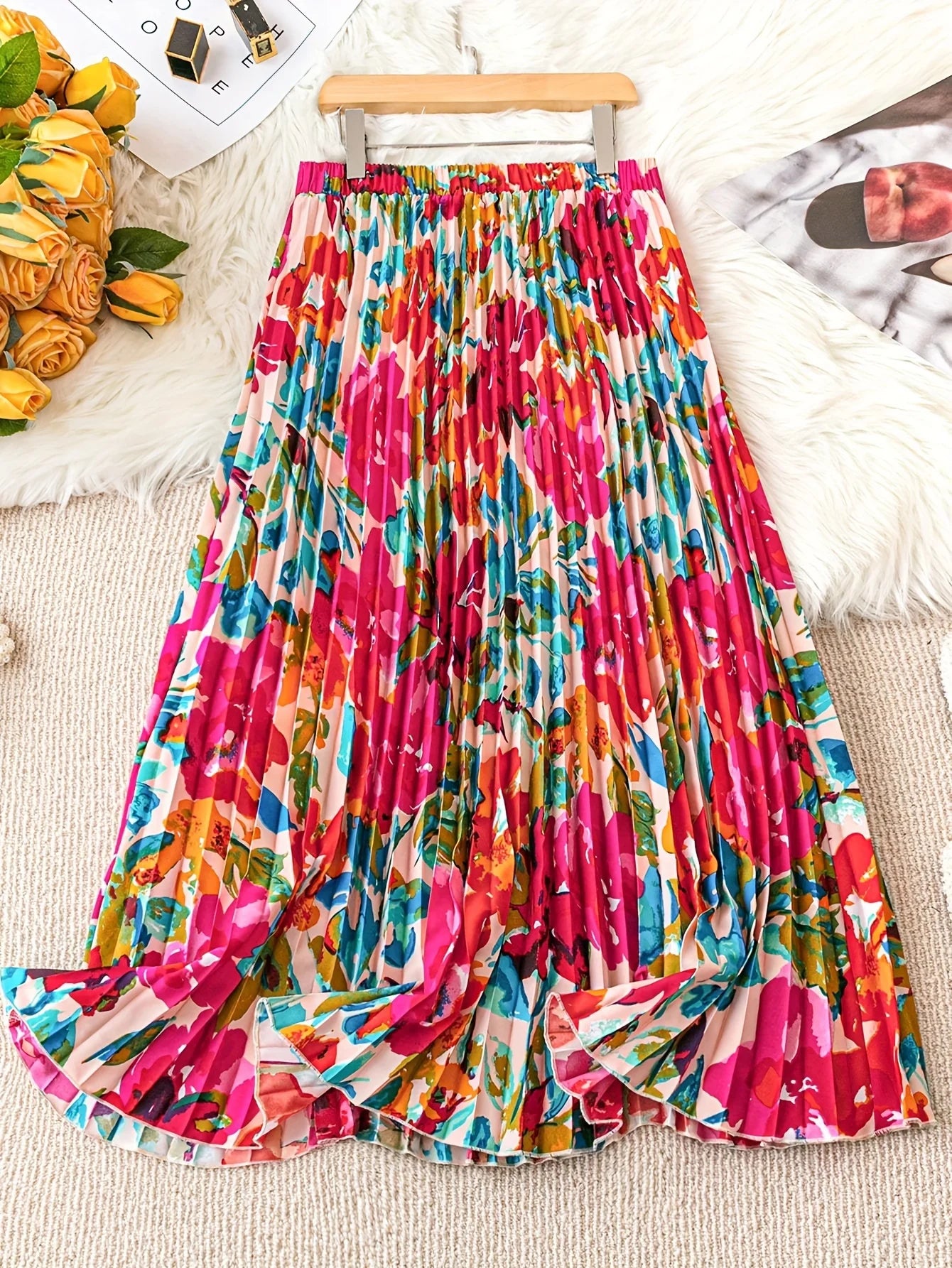 Spring Summer Women's Elegant Floral Print Long Skirts Casual High Waist Party Slim A-line Pleated Skirt Main image