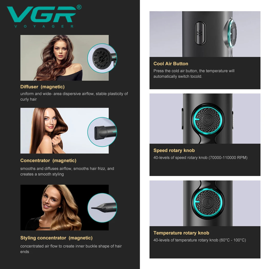 VGR Hair Dryer Professional Hair Dryer BLDC Motor Hair Styling Blow Dryer Machine 110000 RPM Negative Ion Salon Air Blower V-401