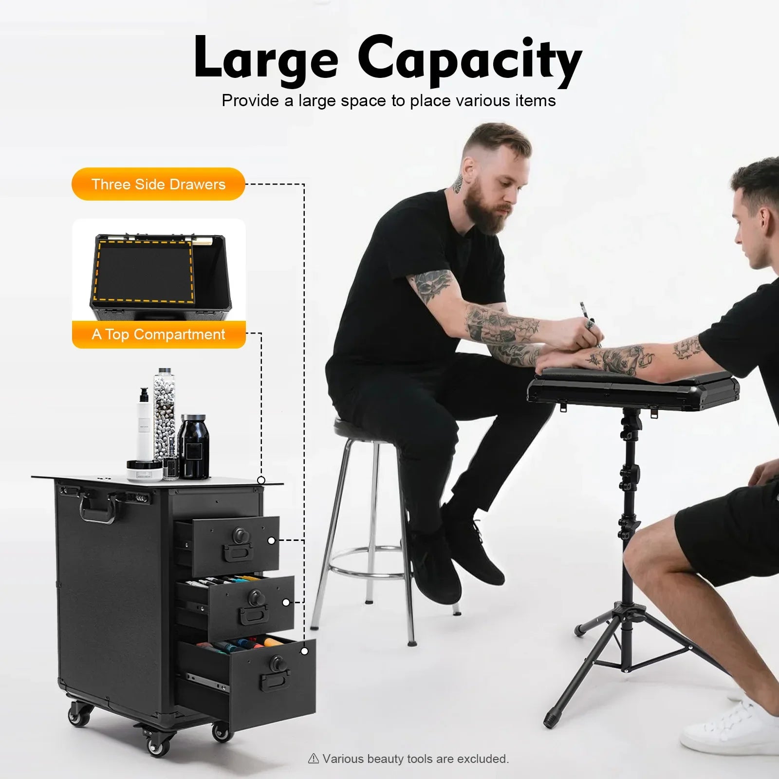 Rolling Makeup Train Case w/Tattoo Armrest Stand,Beauty Trolley Case with 3 Drawers, 4 Universal Wheels, and Combination Lock