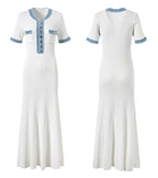 Elegant Contrasting Women Knit Maxi Dress Chic O-neck Short Sleeve Metal Buttons Bodycon Dresses Office Lady Commuting Robe