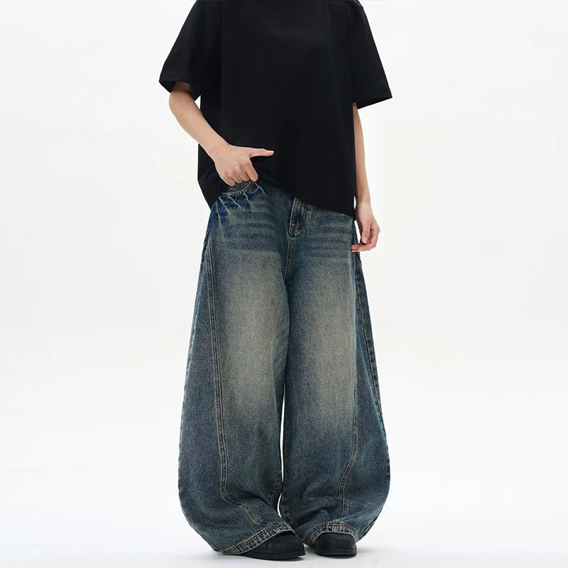 2025 Spring New Men's Jeans Oversized Wide Leg Pants Loose Vintage Patchwork Lightning Cracked Denim Trousers Streetwear Male Image secondaire du produit