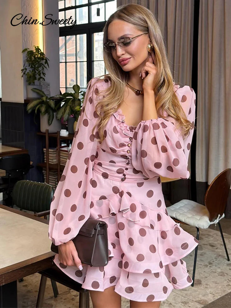 Elegant Polka Dots Casual Dress For Women Pink Ruffle Full Sleeve S Line Summer Dresses Lady New Fashion Street Robe 2026 Secondary image