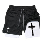Print 2 in 1 Running Workout Shorts for Men Christian Gym Athletic Performance Shorts with Phone Pocket Towel Loop Activewear