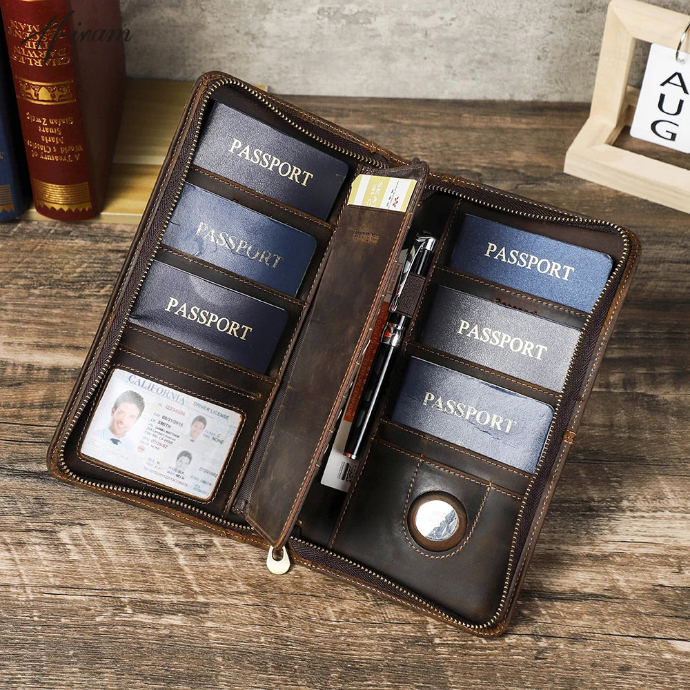 Family Passport Wallet with AirTag Slot for Travel Genuine Leather Credit Card Boarding Pass Holder Pen Cover Money Clutch Bag Image principale du produit