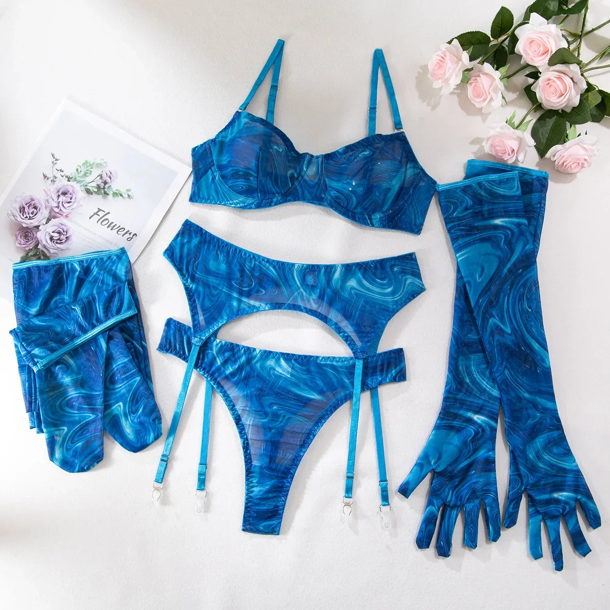 Sexy Perspective Breast Gather Printed Lingerie Set with Gloves Leg Set for Women's Five Piece Set Female Fun Bra & Brief Sets Main image