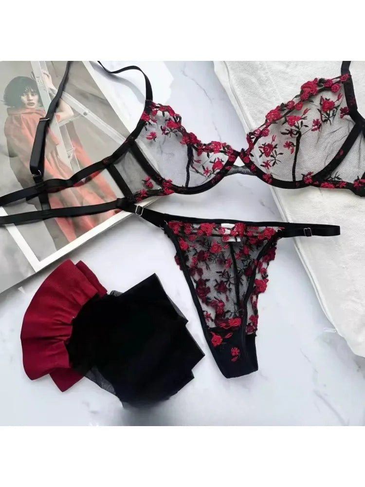 YUQI French Luxury Lingerie Set - Sexy Floral Embroidery Black Bra & Panty Set, Sheer Transparent Seductive Women's Intimates