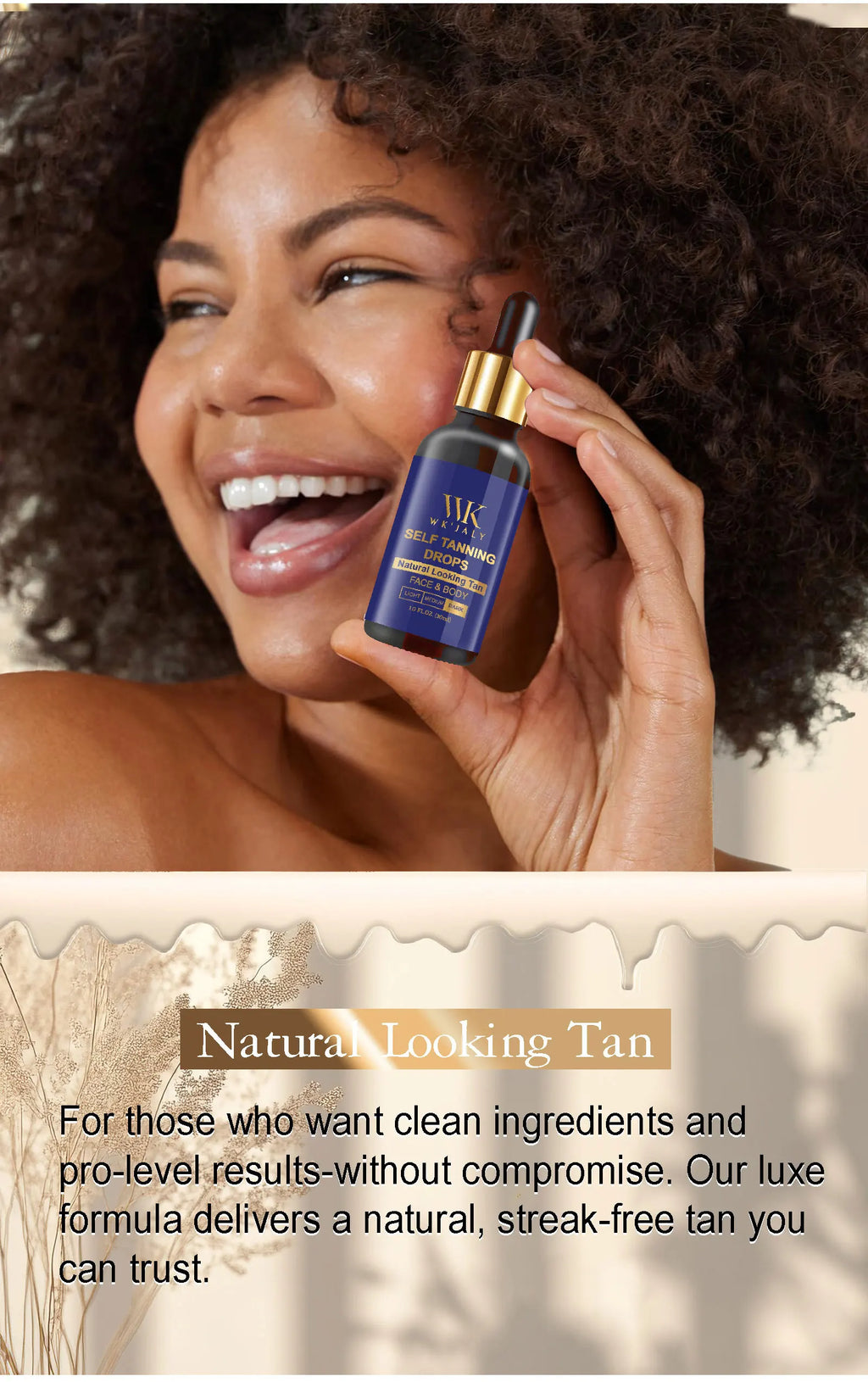 WK JALY Dark Self Tan Drops, Natural Self Tanner, Face & Body Glow with DHA, Carrot Oil, Aloe, Buildable, Streak Free Tan, Vegan