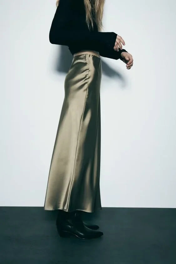 ETJ 2025  Women's spring new elegant fashion all-in-one stretch high-waisted A-line silk satin sag skirt multi-color option