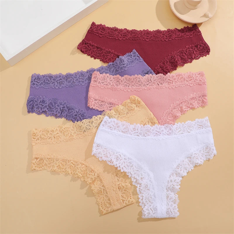 FINETOO 3Pcs Women Cotton Underwear Panties Sexy Lace Brazilian Briefs Low Waist Floral Solid Color G-string Breathable Lingerie