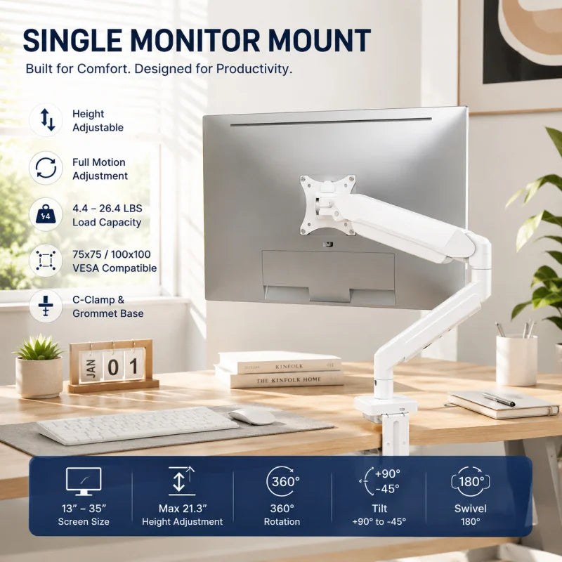 Universal Single Screen Support Arm, 13-35 Inch Compatible, Flexible Height Adjustment, Practical Accessory for Office Desktops Image principale du produit